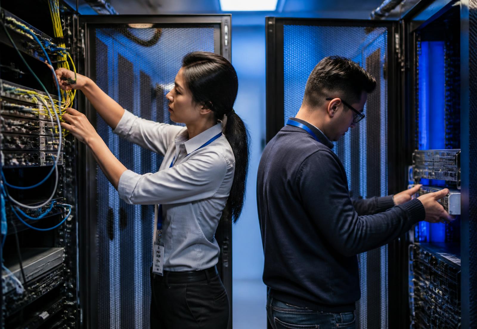 Engineers installing fibre and network equipment in a data centre